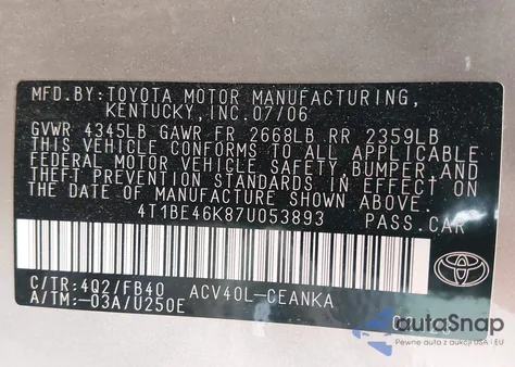 2007 Toyota Camry Le from USA, damaged, VIN 4T1BE46K87U053893